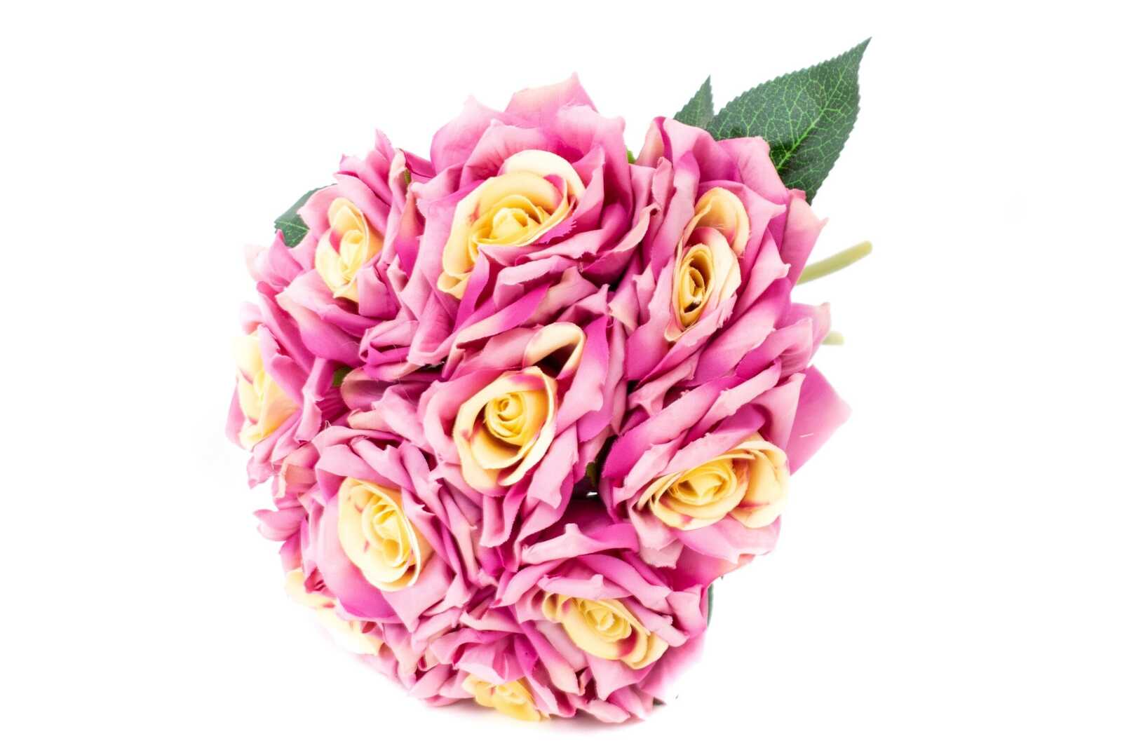 flori-artificiale-buchet-10-trandafiri-legati-roz-cu-galben