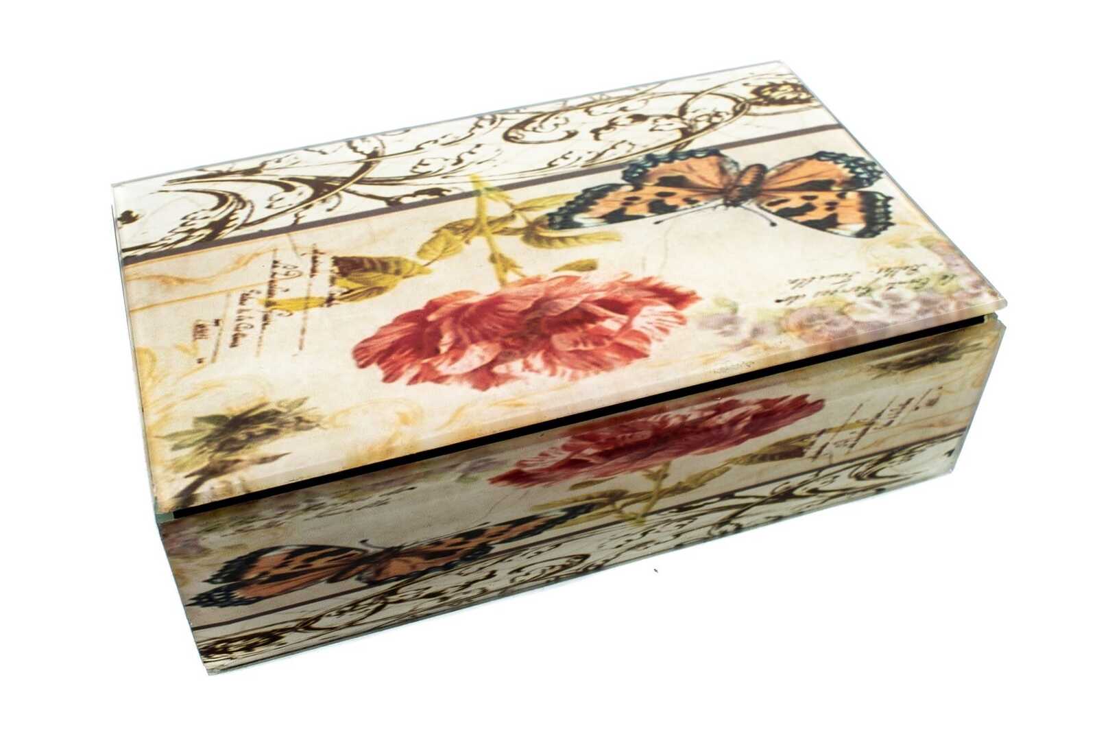 caseta-din-sticla-fluture-maro-si-trandafir-inflorit