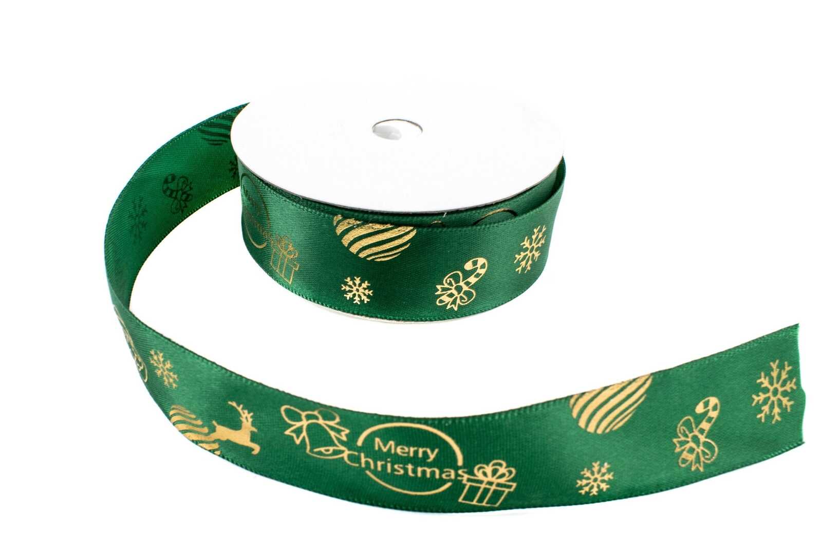 panglica-satin-verde-imprimeu-merry-christmas-si-motive-de-craciun-aurii