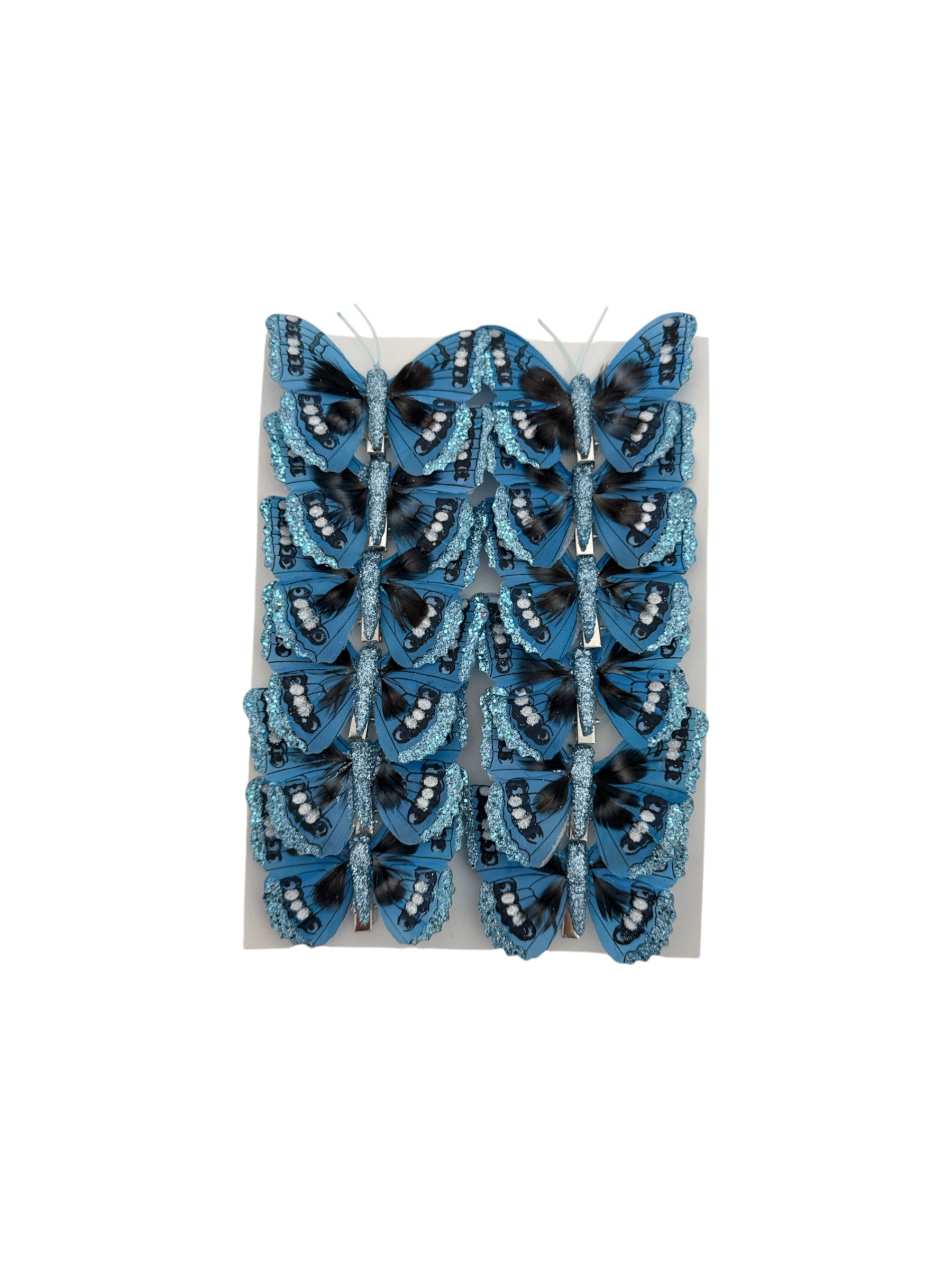 Fluturi Decorativi Din Pene Colorate Albastru Cu Sclipici Pe Margini 12/set
