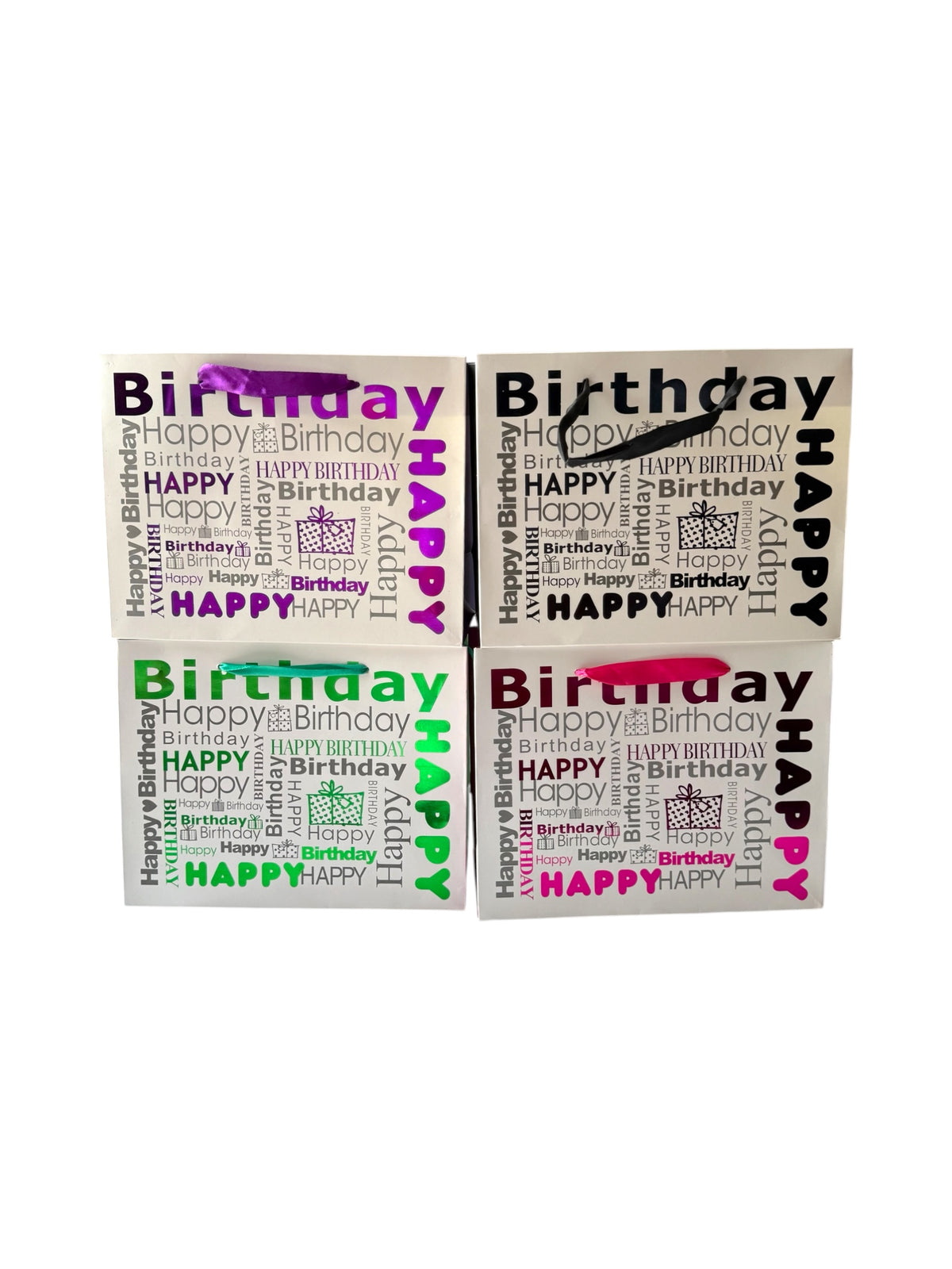 Pungi Pentru Cadou Alba Cu Scris Colorat Happy Birthday 12/Set