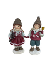 Figurină de Crăciun din Rășină cu Copii pe Schiuri Si Clopotel 2/Set